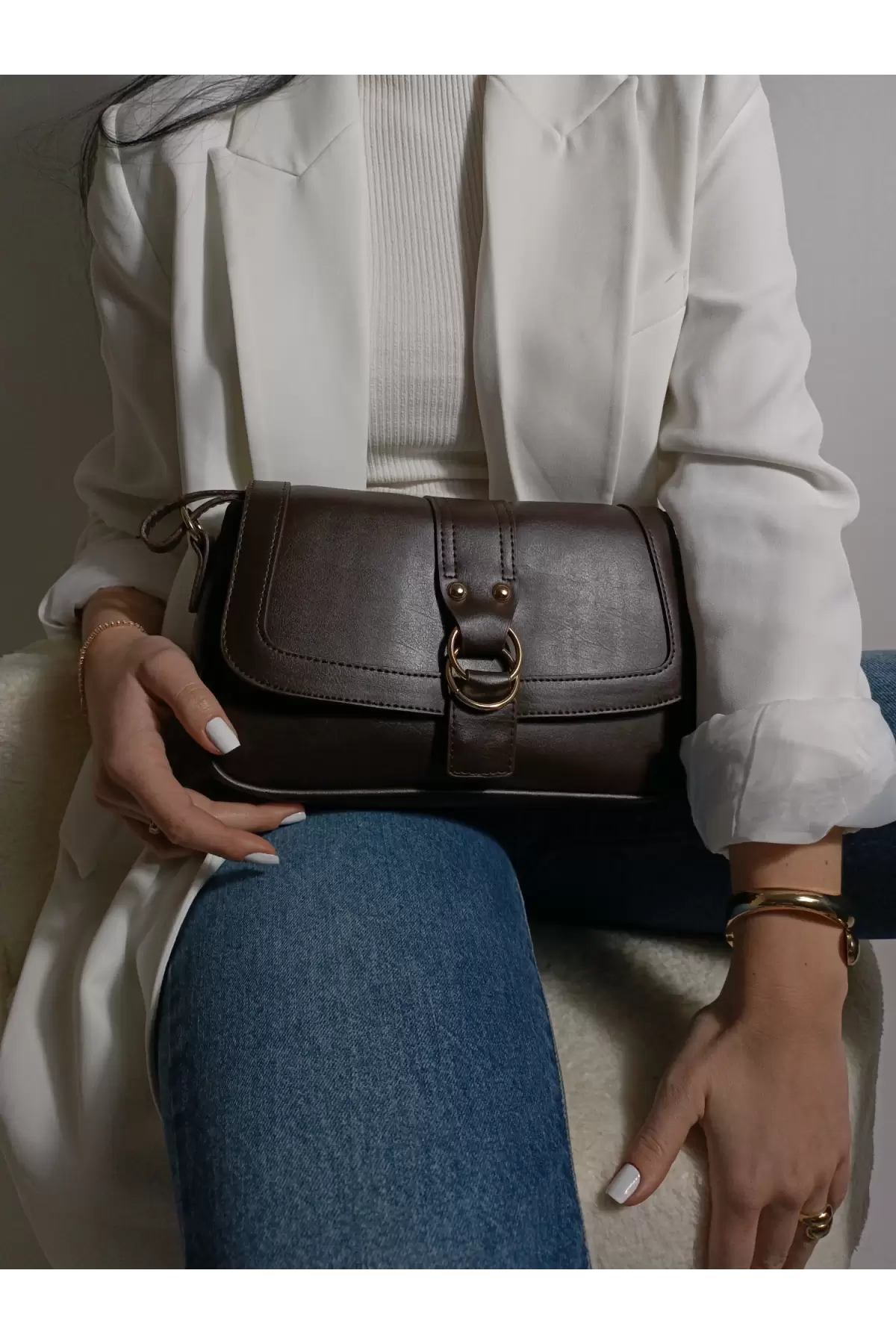 Jewel Bitter Brown Skin Ring Buckle Womens Handbag and Shoulder Bag