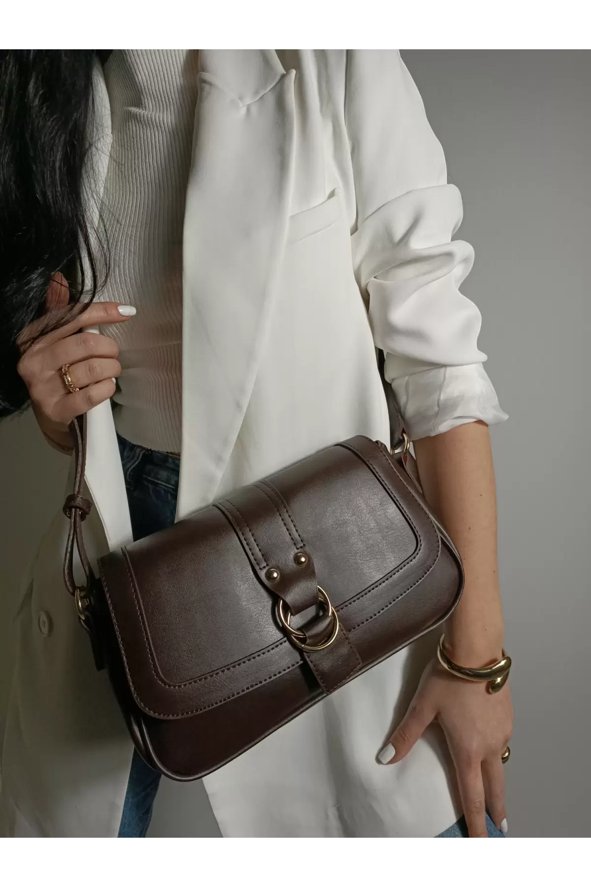 Jewel Bitter Brown Skin Ring Buckle Womens Handbag and Shoulder Bag