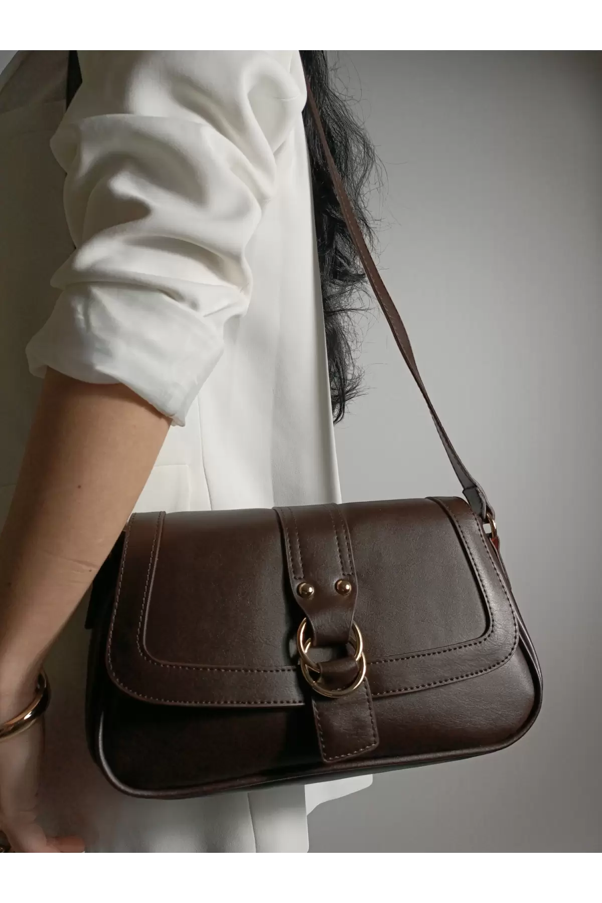 Jewel Bitter Brown Skin Ring Buckle Womens Handbag and Shoulder Bag
