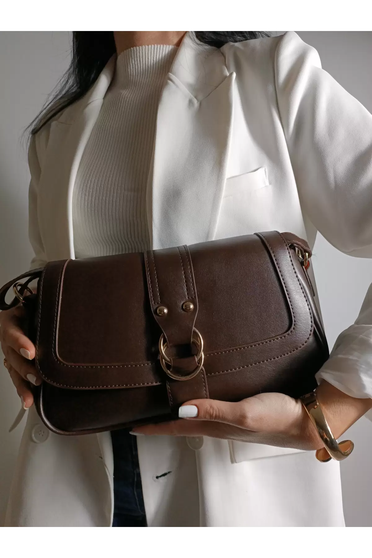 Jewel Bitter Brown Skin Ring Buckle Womens Handbag and Shoulder Bag