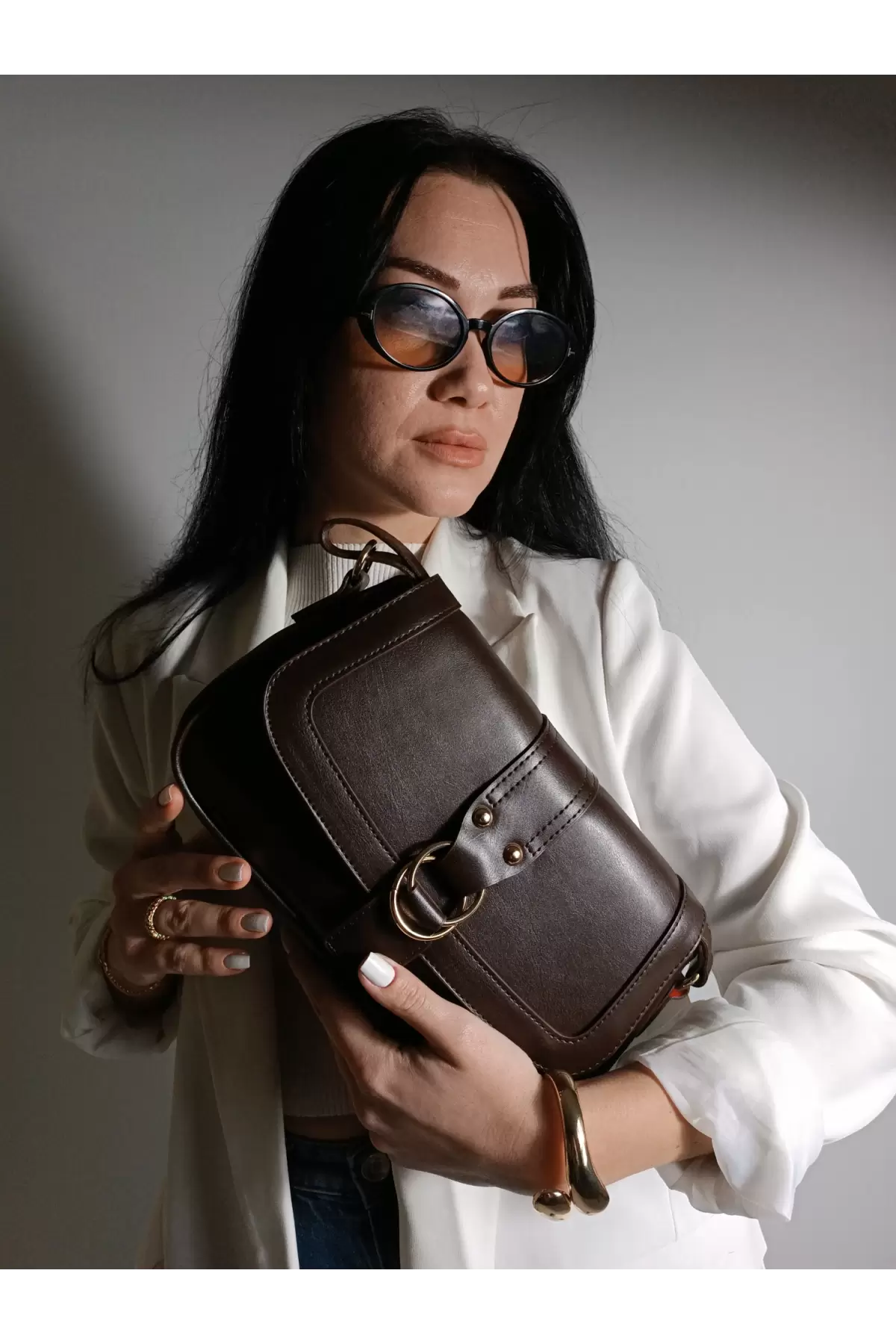 Jewel Bitter Brown Skin Ring Buckle Womens Handbag and Shoulder Bag