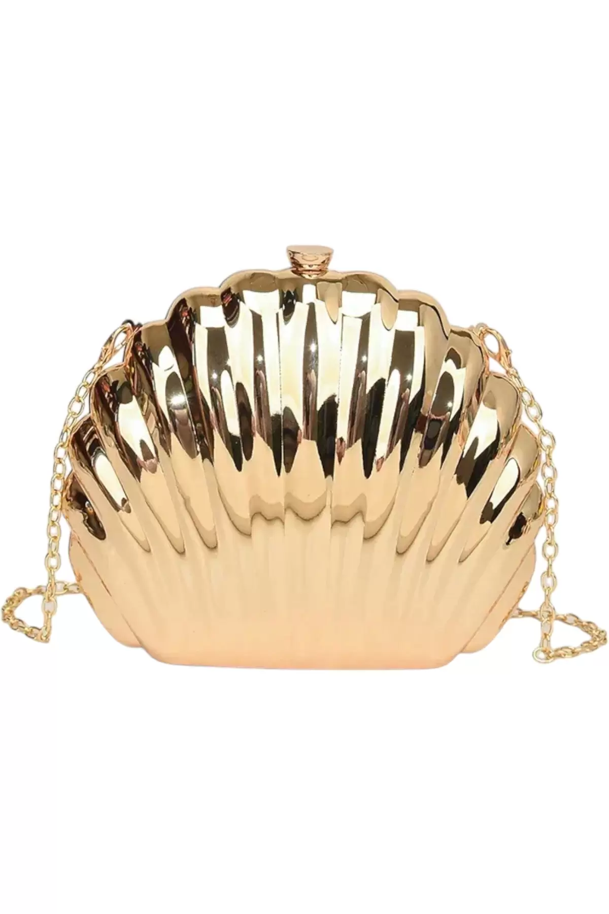 Josiana Gold Oyster Model Chain Strap Textured Clutch Evening Dress Portfolio Bag