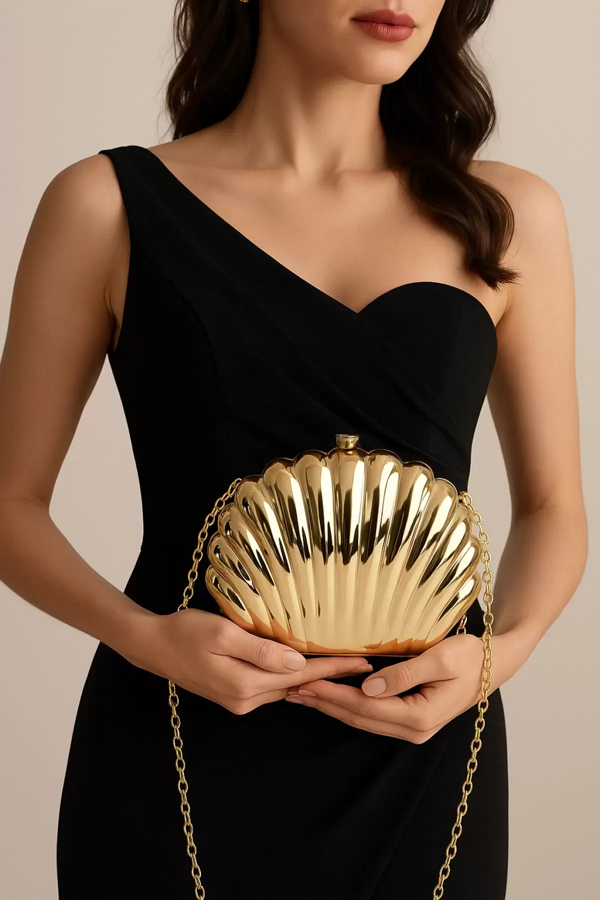 Josiana Gold Oyster Model Chain Strap Textured Clutch Evening Dress Portfolio Bag