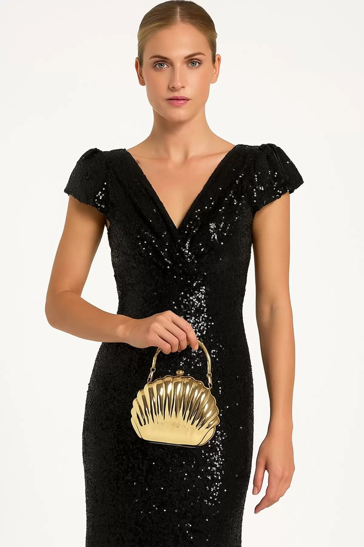 Josiana Gold Oyster Model Chain Strap Textured Clutch Evening Dress Portfolio Bag