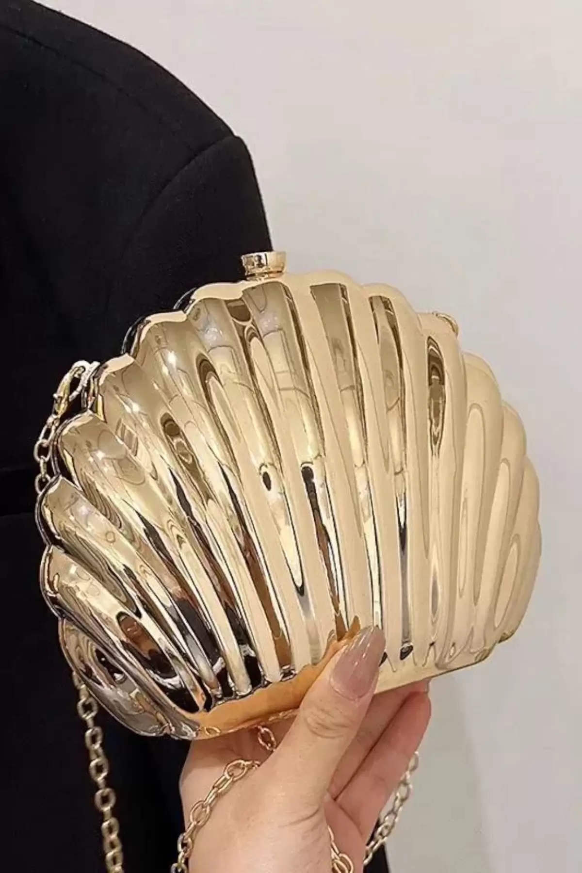 Josiana Gold Oyster Model Chain Strap Textured Clutch Evening Dress Portfolio Bag