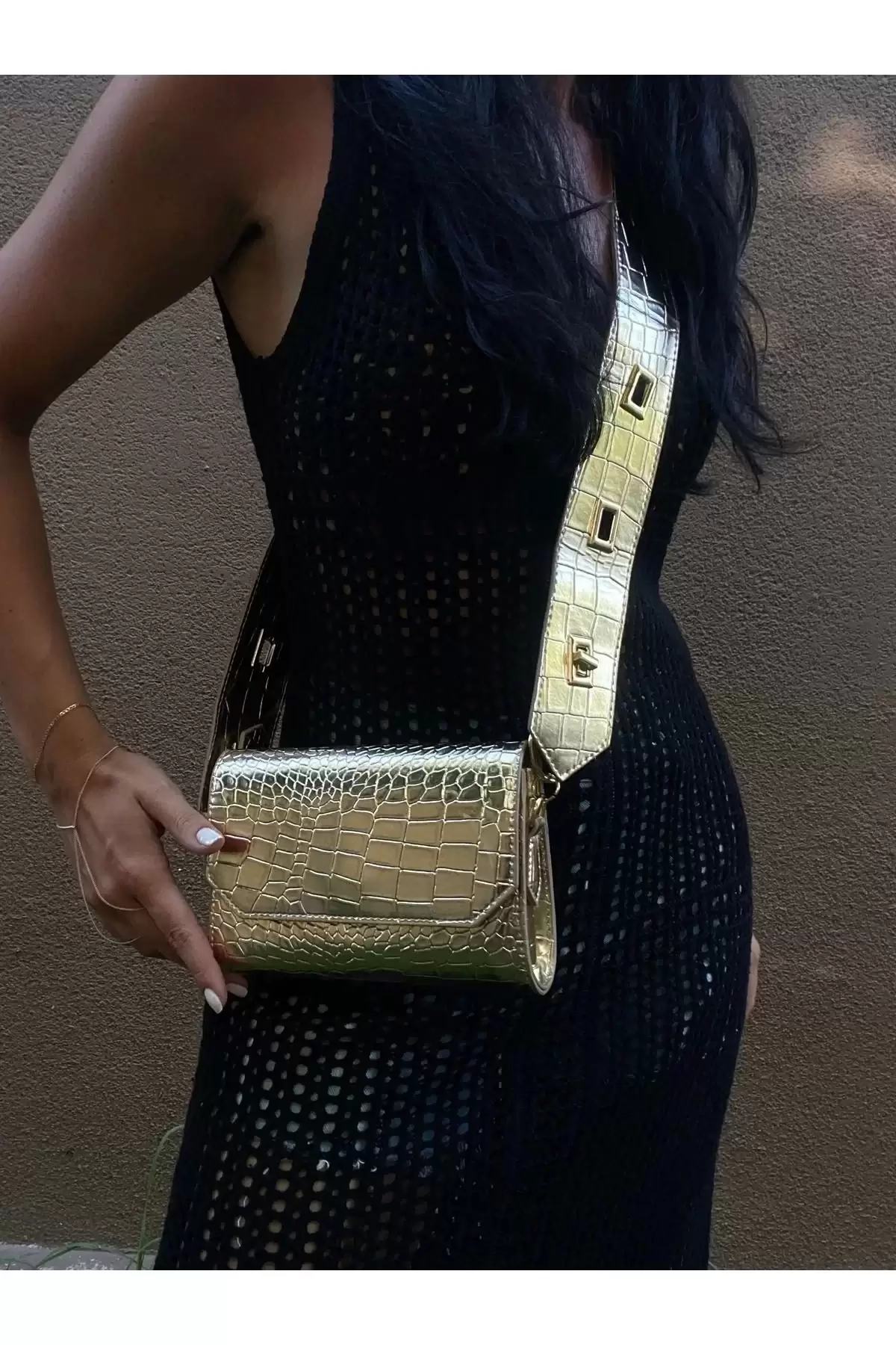 Ketty Gold Croco Kutu Formlu Kadın Omuz Çantası