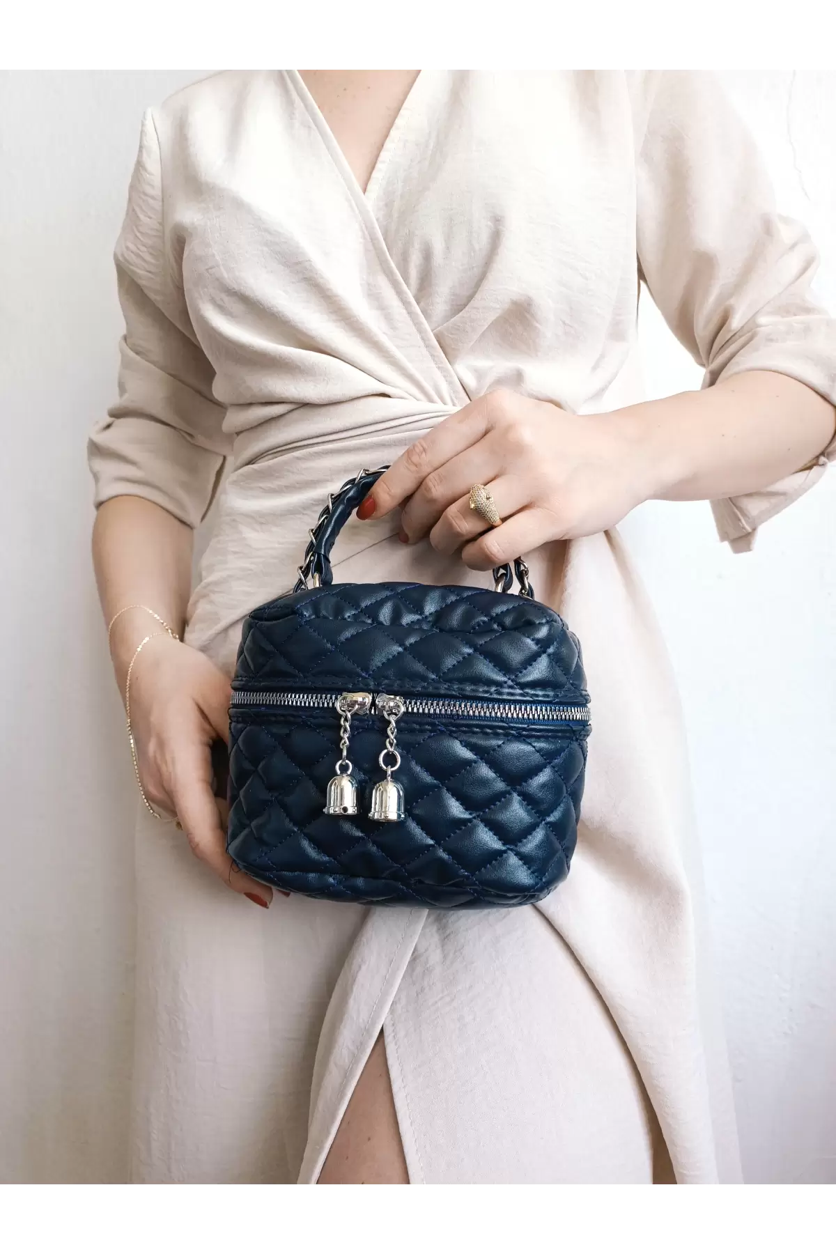 Leslie Navy Blue Quilted Pattern Box Model Womens Shoulder Bag