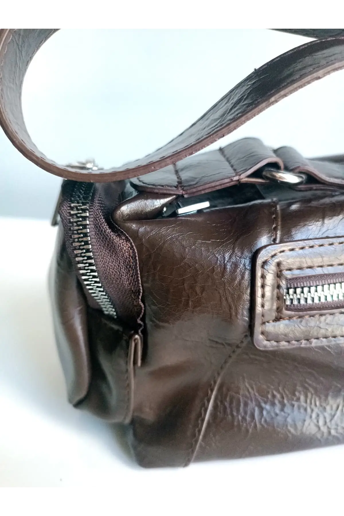 Luniva Acı Kahve Cilt Çok Cepli Mini Baget Kadın El Ve Omuz Çantası