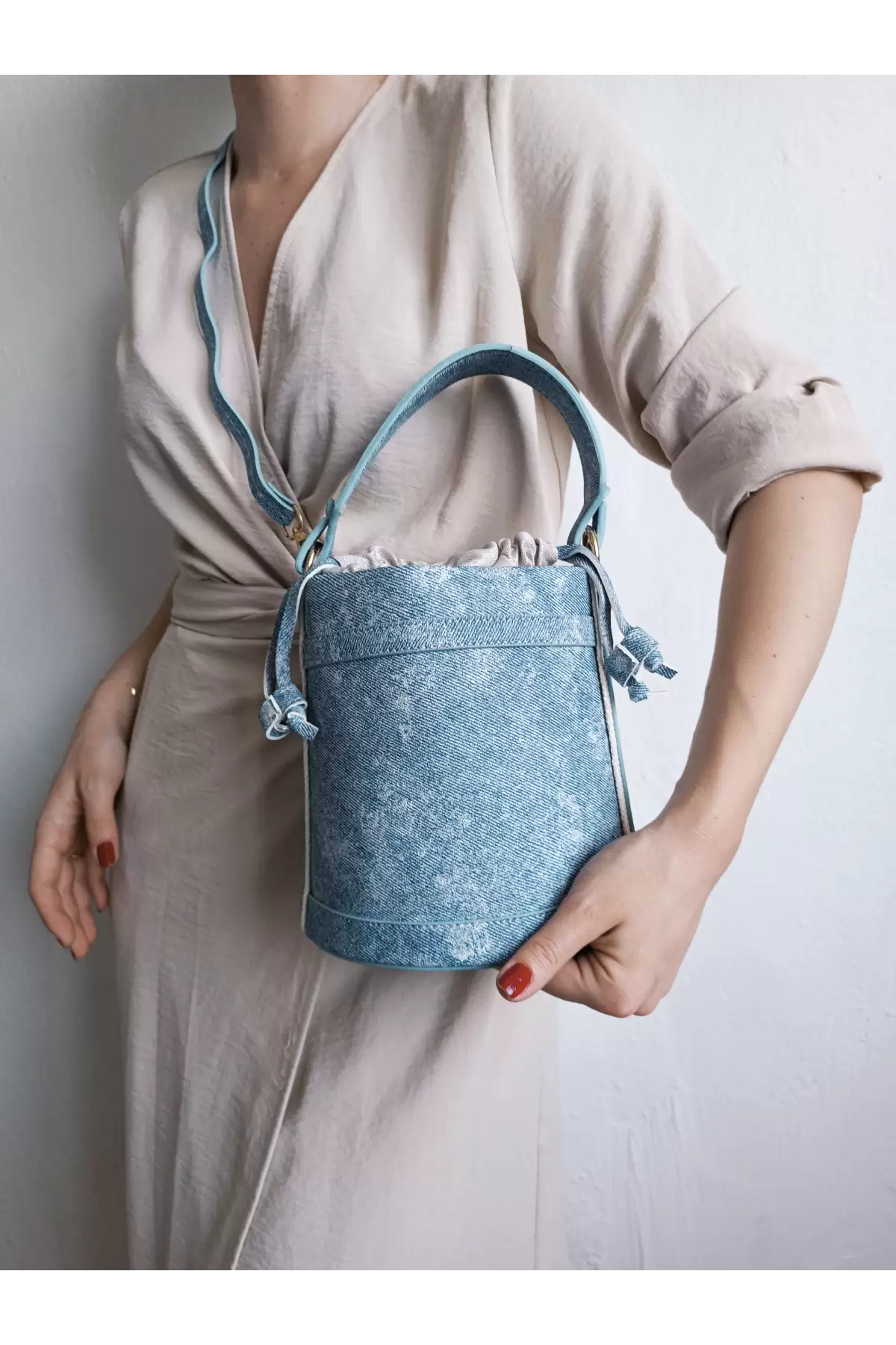 Margaret Denim Drawstring Closure Double Strap Bucket Model Womens Hand and Shoulder Bag