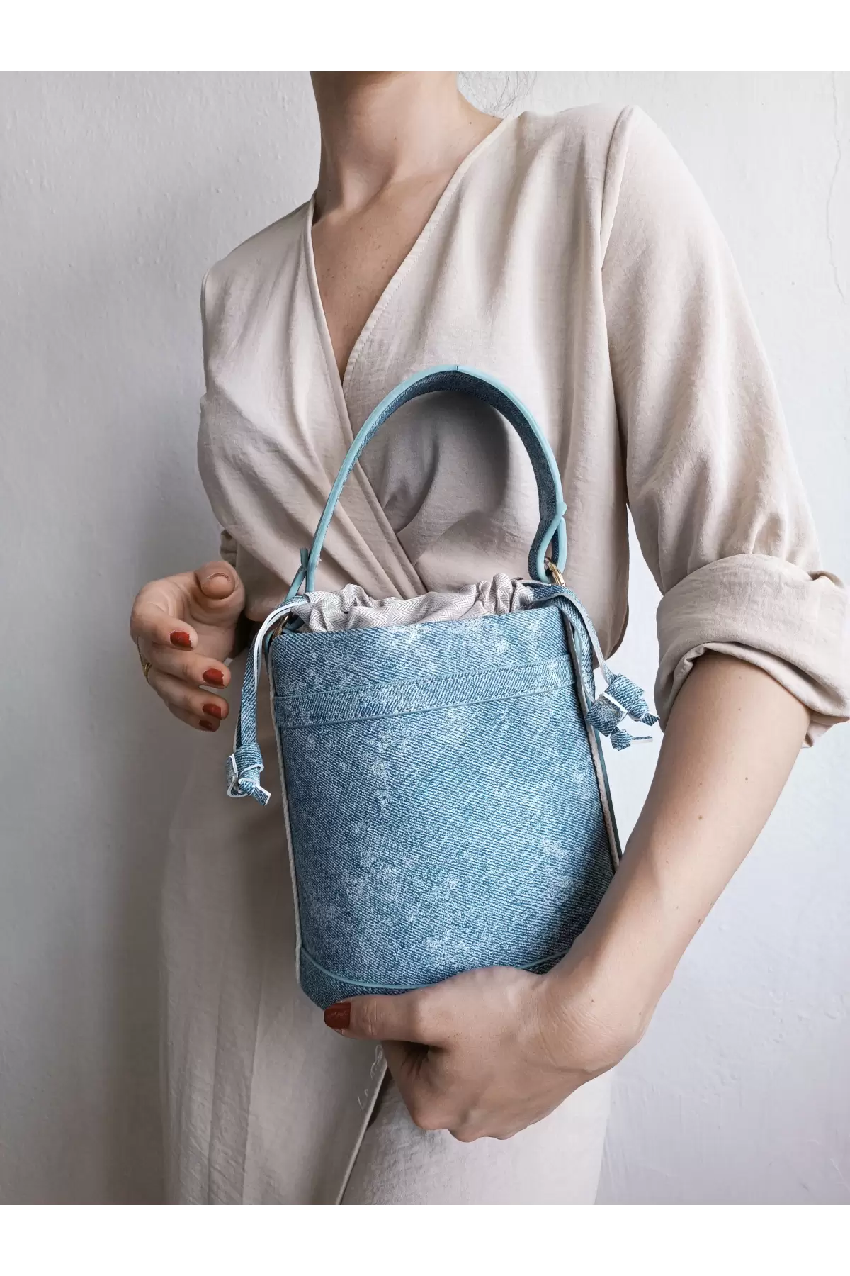 Margaret Denim Drawstring Closure Double Strap Bucket Model Womens Hand and Shoulder Bag