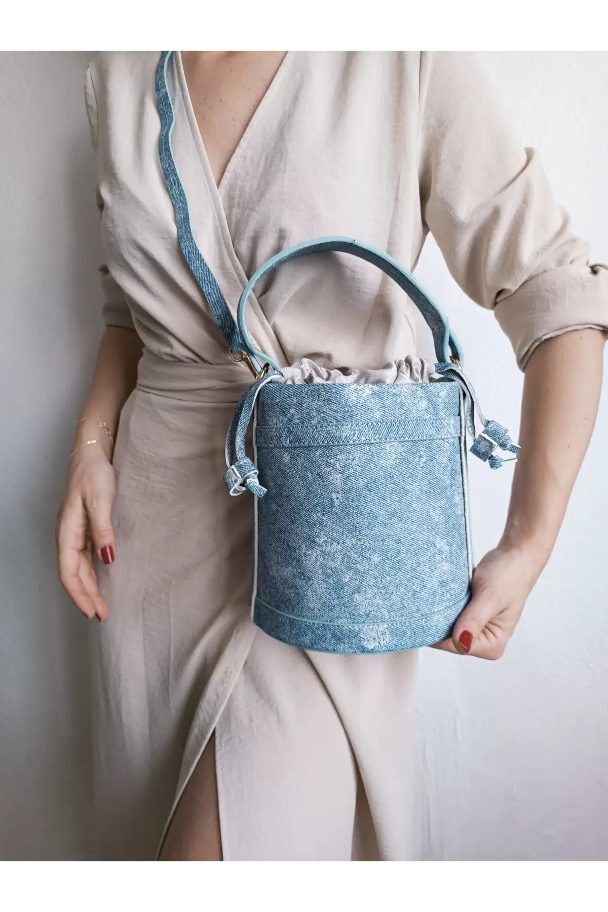 Margaret Denim Drawstring Closure Double Strap Bucket Model Womens Hand and Shoulder Bag