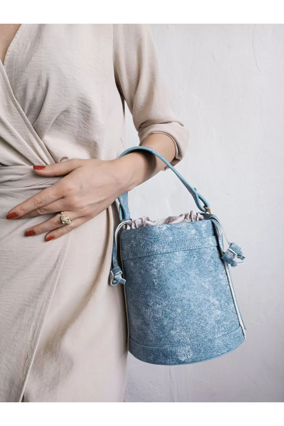 Margaret Denim Drawstring Closure Double Strap Bucket Model Womens Hand and Shoulder Bag