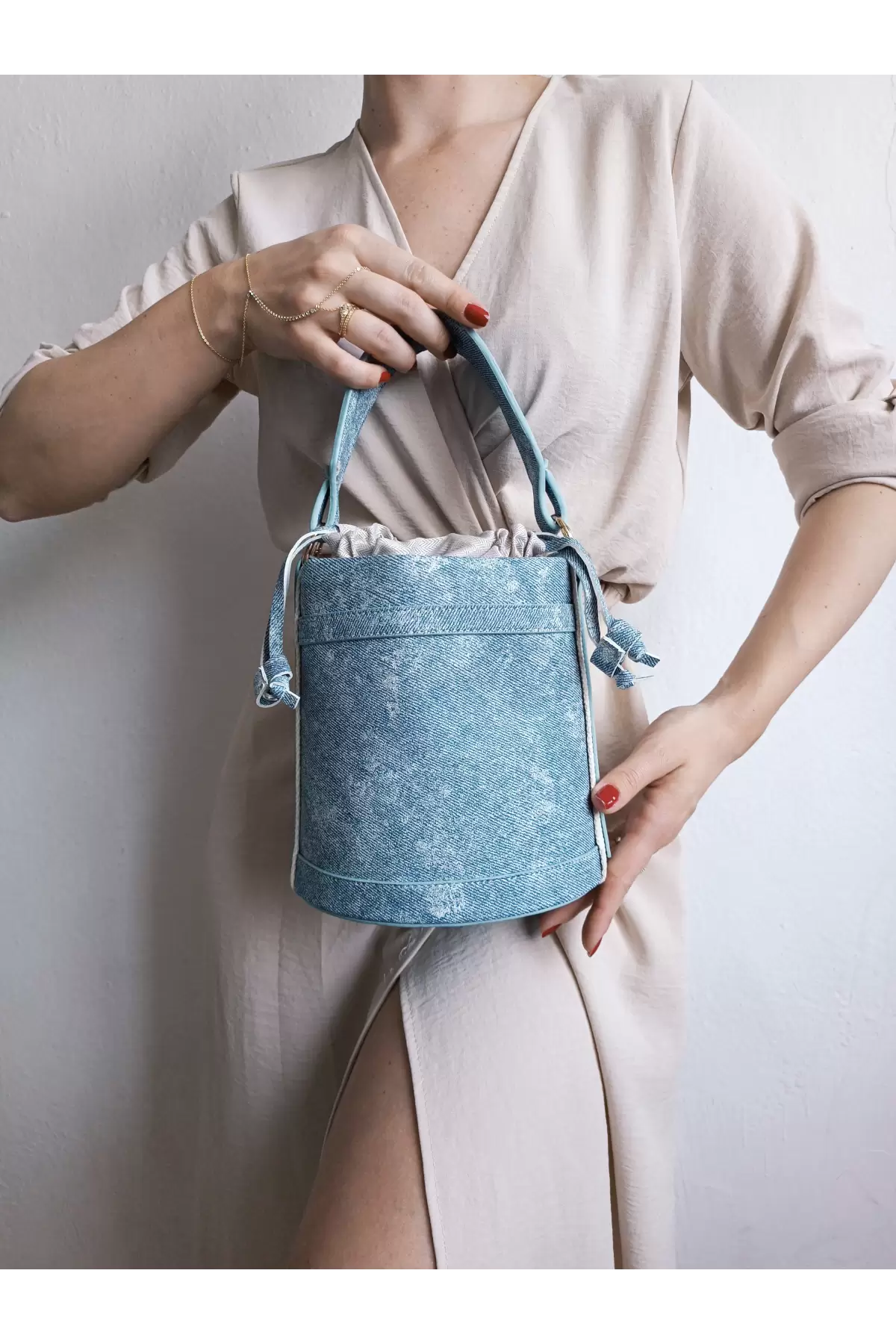 Margaret Denim Drawstring Closure Double Strap Bucket Model Womens Hand and Shoulder Bag