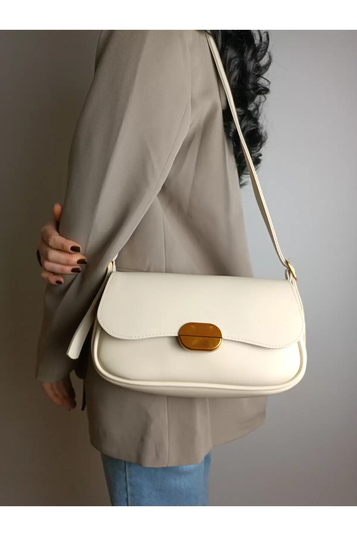 Mina Cream Soft Leather Design Lock Double Strap Womens Shoulder Bag