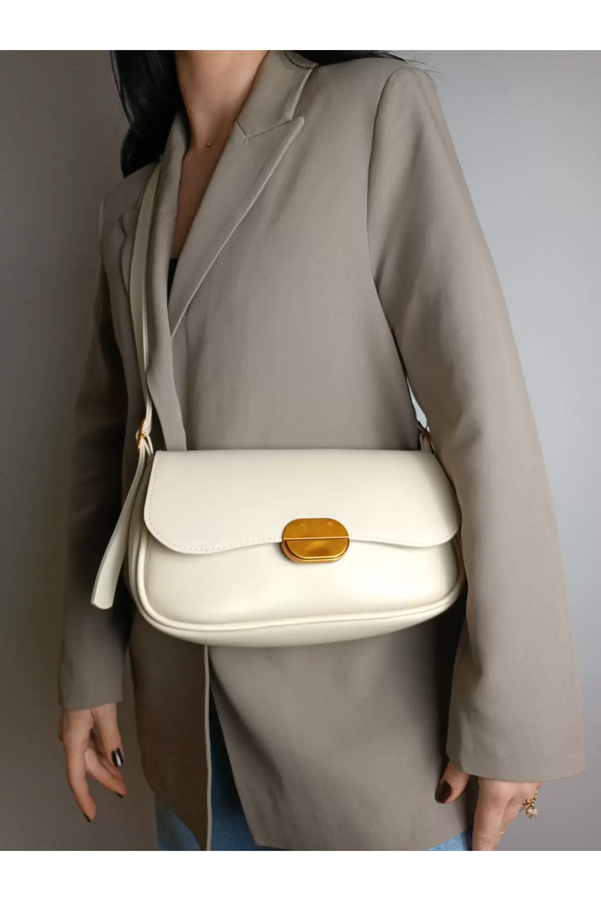 Mina Cream Soft Leather Design Lock Double Strap Womens Shoulder Bag