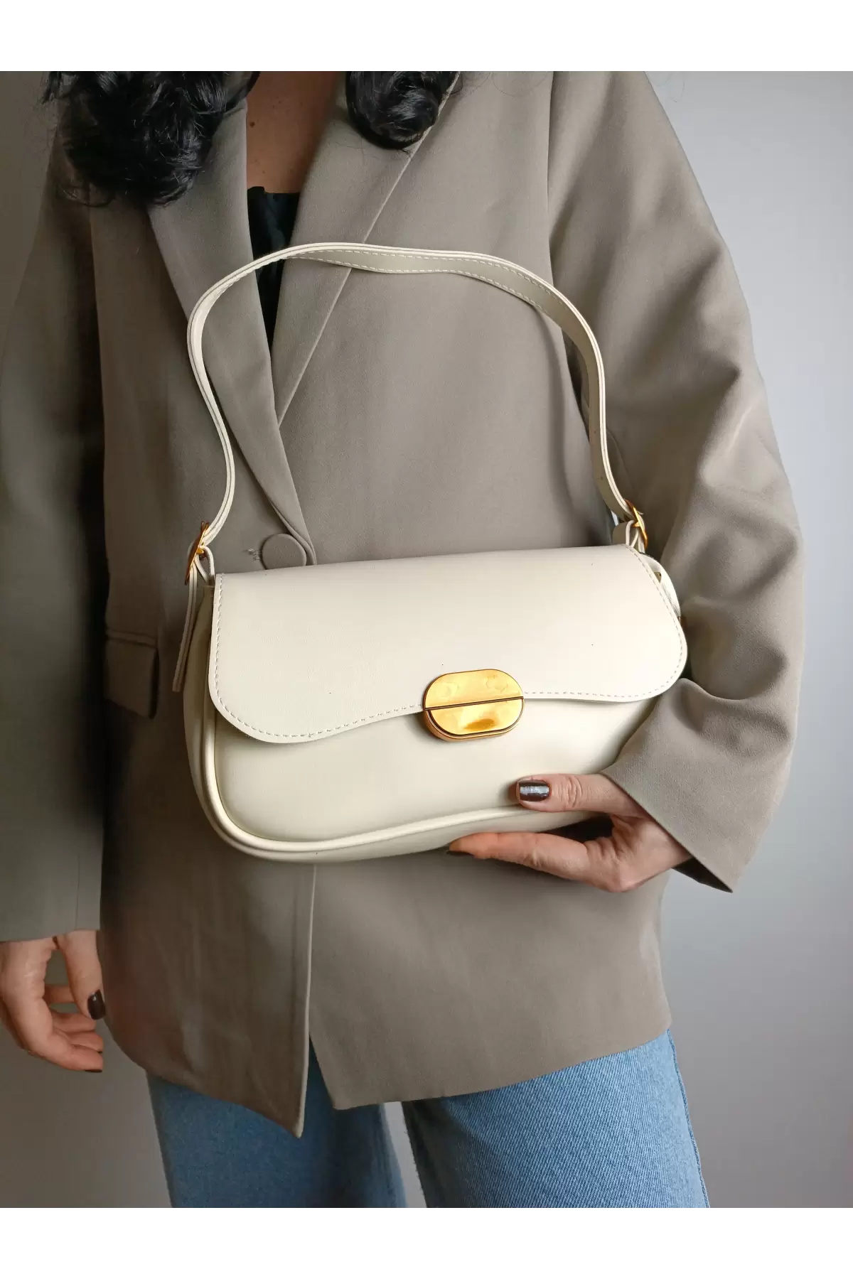 Mina Cream Soft Leather Design Lock Double Strap Womens Shoulder Bag