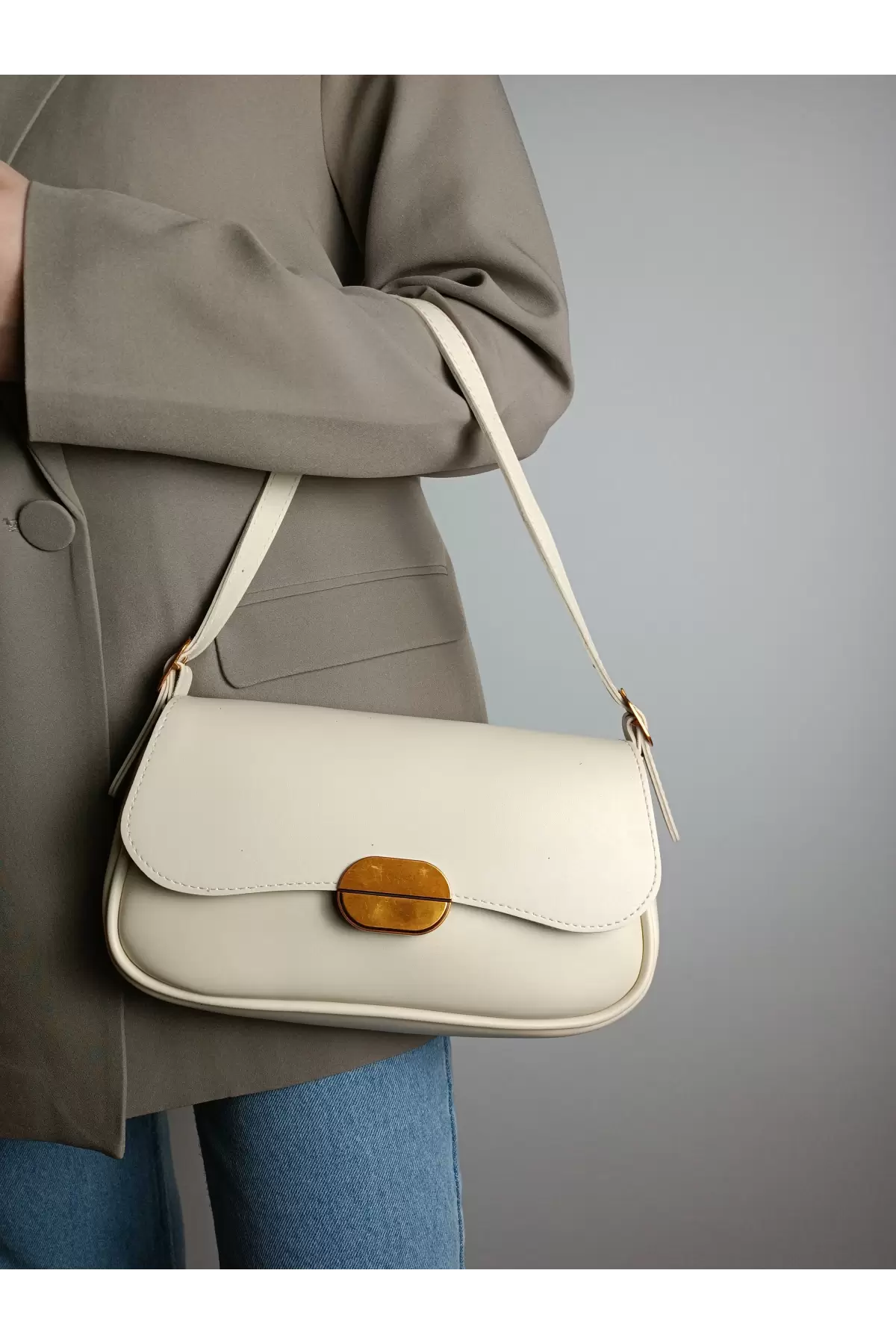 Mina Cream Soft Leather Design Lock Double Strap Womens Shoulder Bag