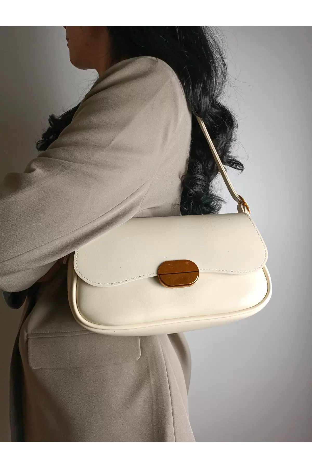 Mina Cream Soft Leather Design Lock Double Strap Womens Shoulder Bag