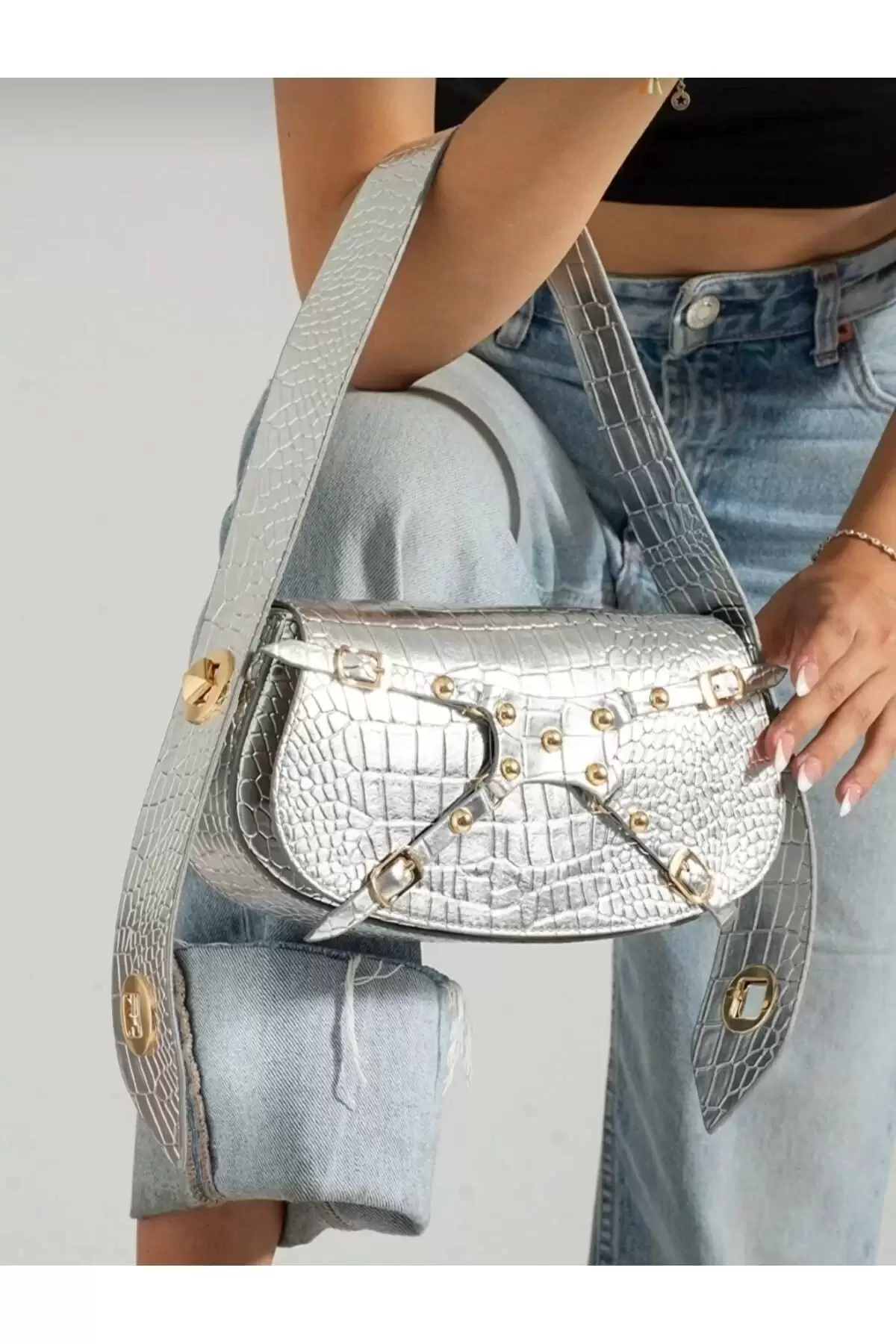 Napoli Gümüş Çift Taraf Askılı Model Kadın Kol Ve Omuz Çantası
