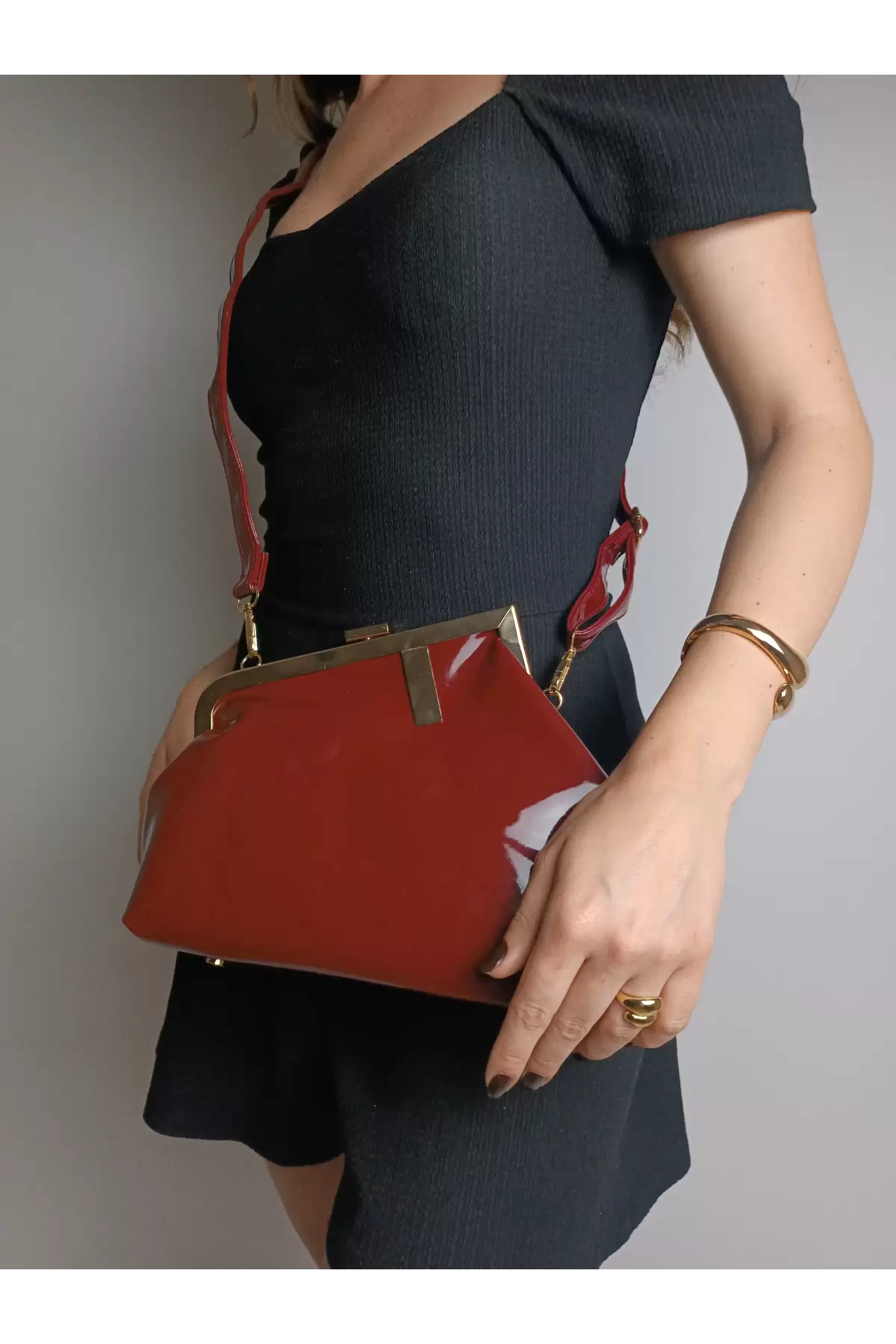 Paris Claret Red Shiny Patent Leather Scholarship Asymmetrical Womens Hand and Shoulder Bag