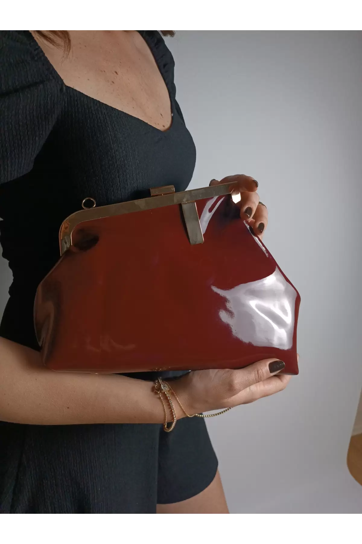 Paris Claret Red Shiny Patent Leather Scholarship Asymmetrical Womens Hand and Shoulder Bag