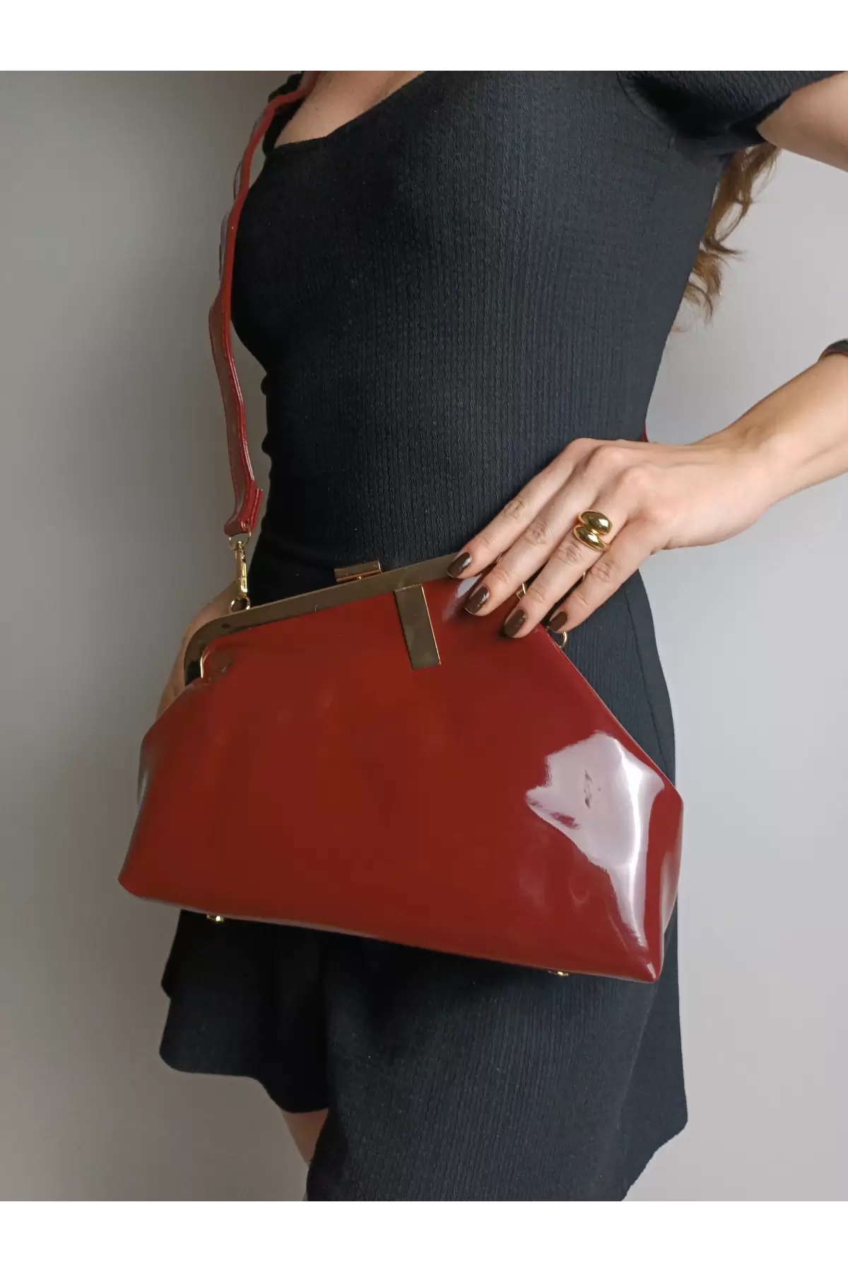 Paris Claret Red Shiny Patent Leather Scholarship Asymmetrical Womens Hand and Shoulder Bag