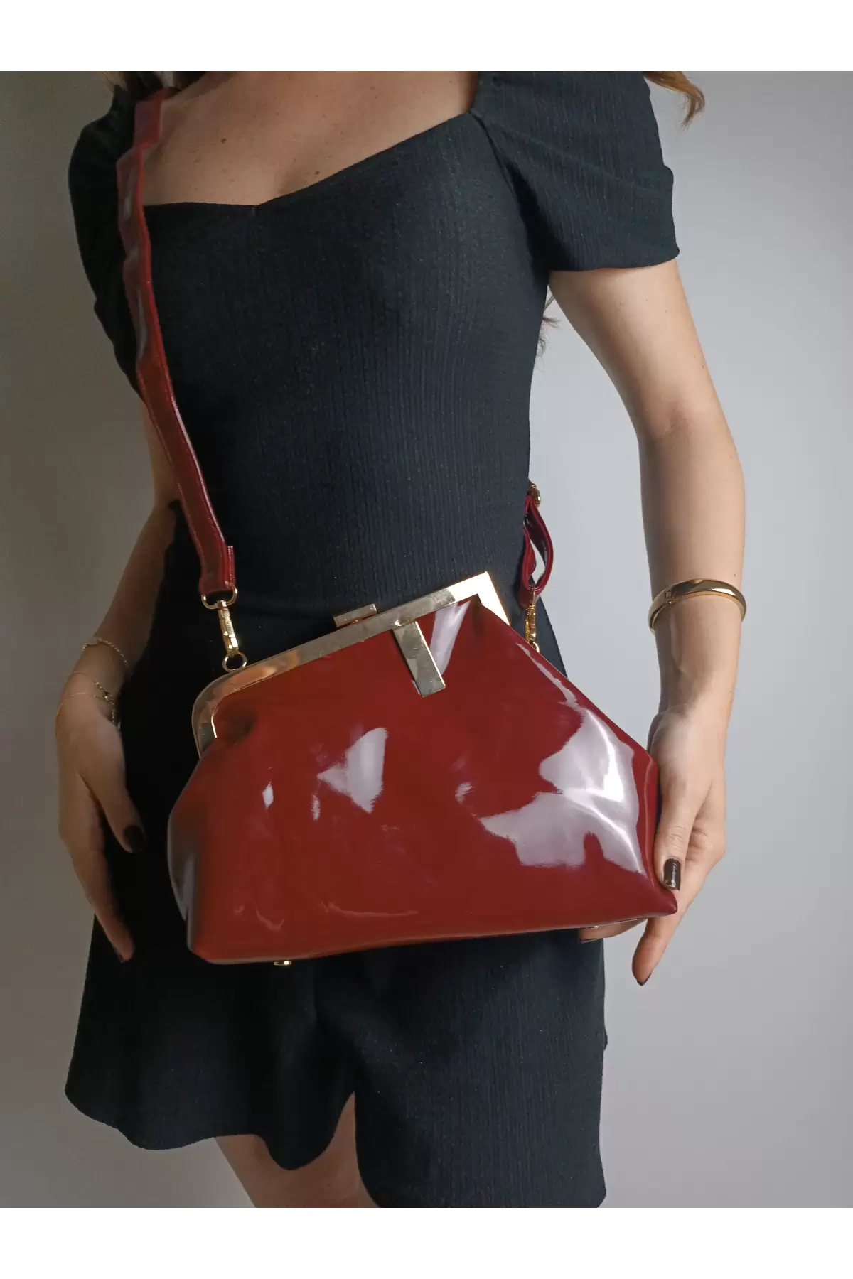Paris Claret Red Shiny Patent Leather Scholarship Asymmetrical Womens Hand and Shoulder Bag