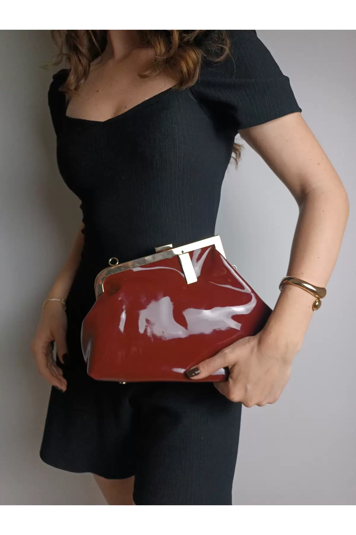 Paris Claret Red Shiny Patent Leather Scholarship Asymmetrical Womens Hand and Shoulder Bag