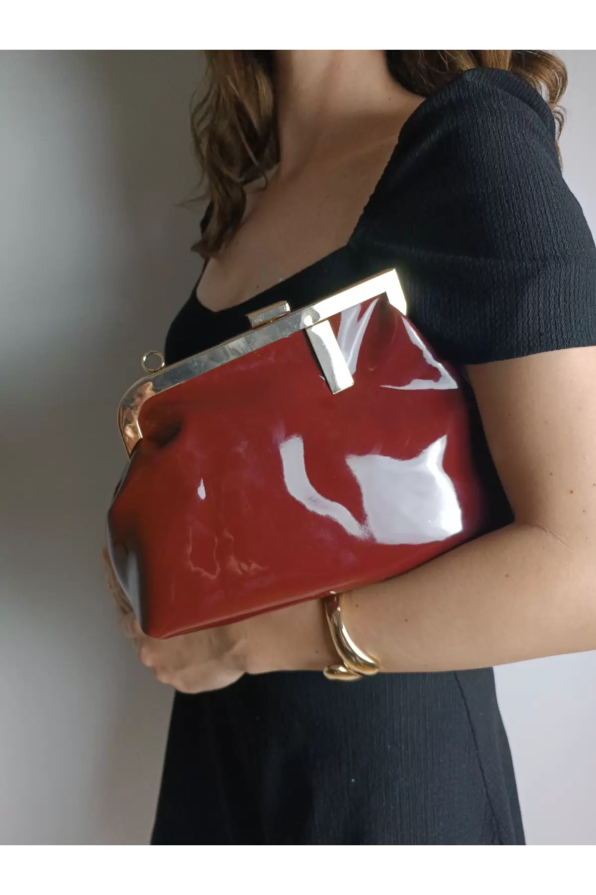 Paris Claret Red Shiny Patent Leather Scholarship Asymmetrical Womens Hand and Shoulder Bag