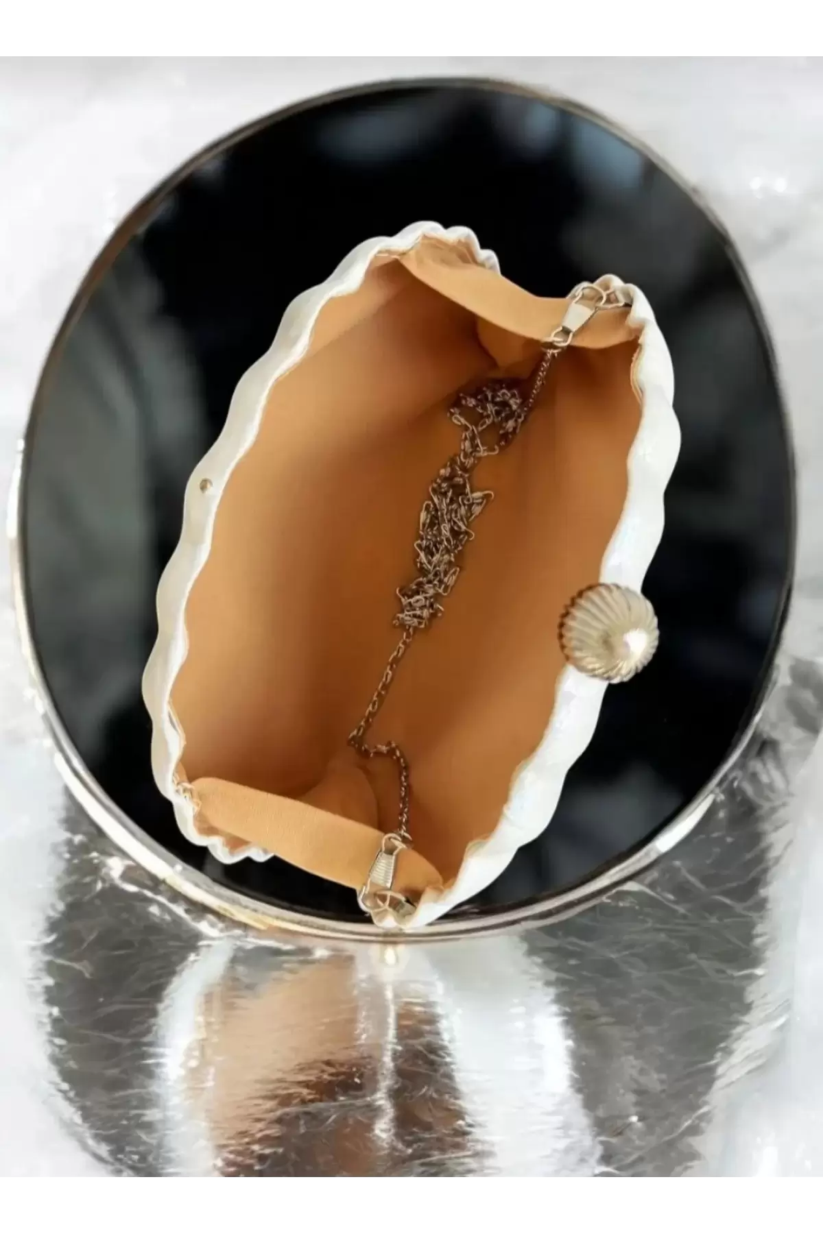 Rosalie Beyaz Sedefli Deniz Kabuğu Model Zincir Askılı Dokulu Clutch Abiye Portföy Çanta