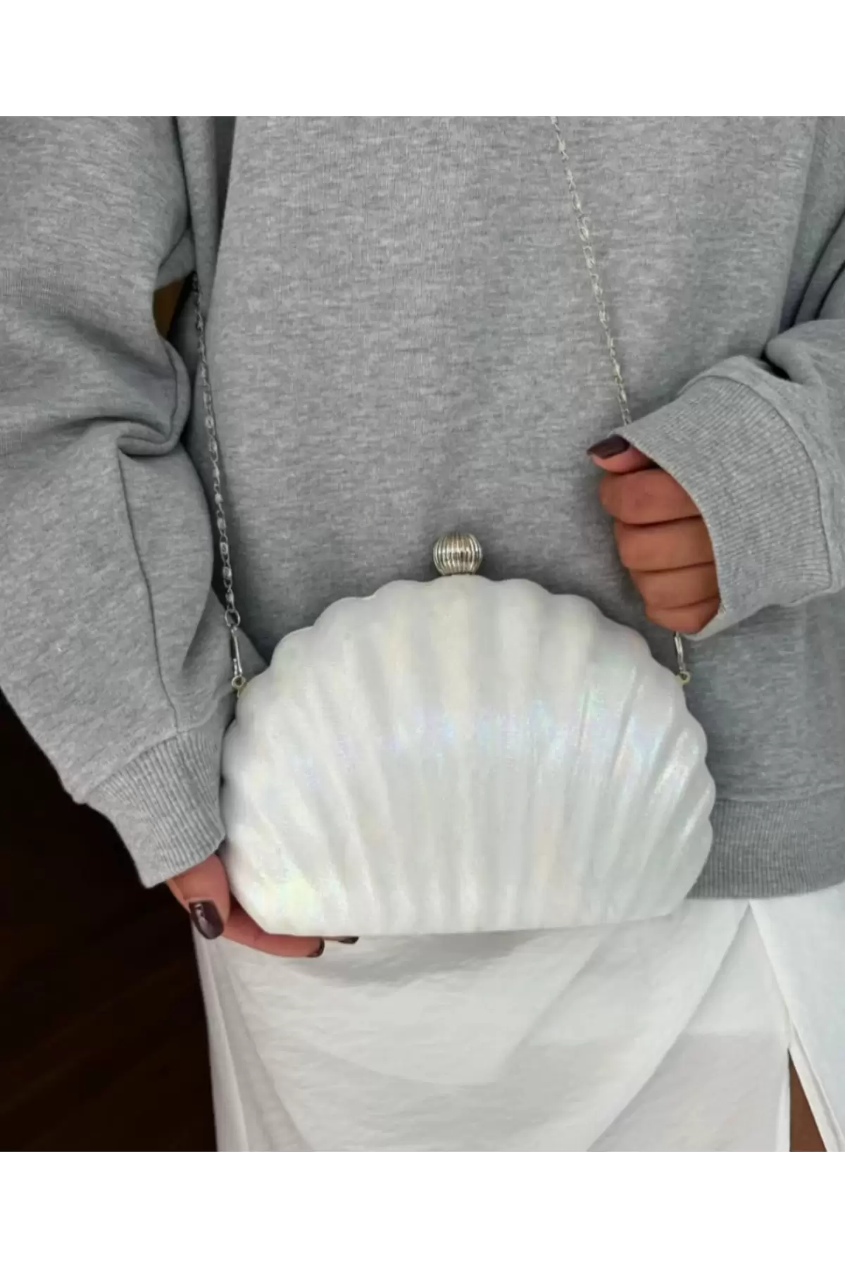 Rosalie Beyaz Sedefli Deniz Kabuğu Model Zincir Askılı Dokulu Clutch Abiye Portföy Çanta