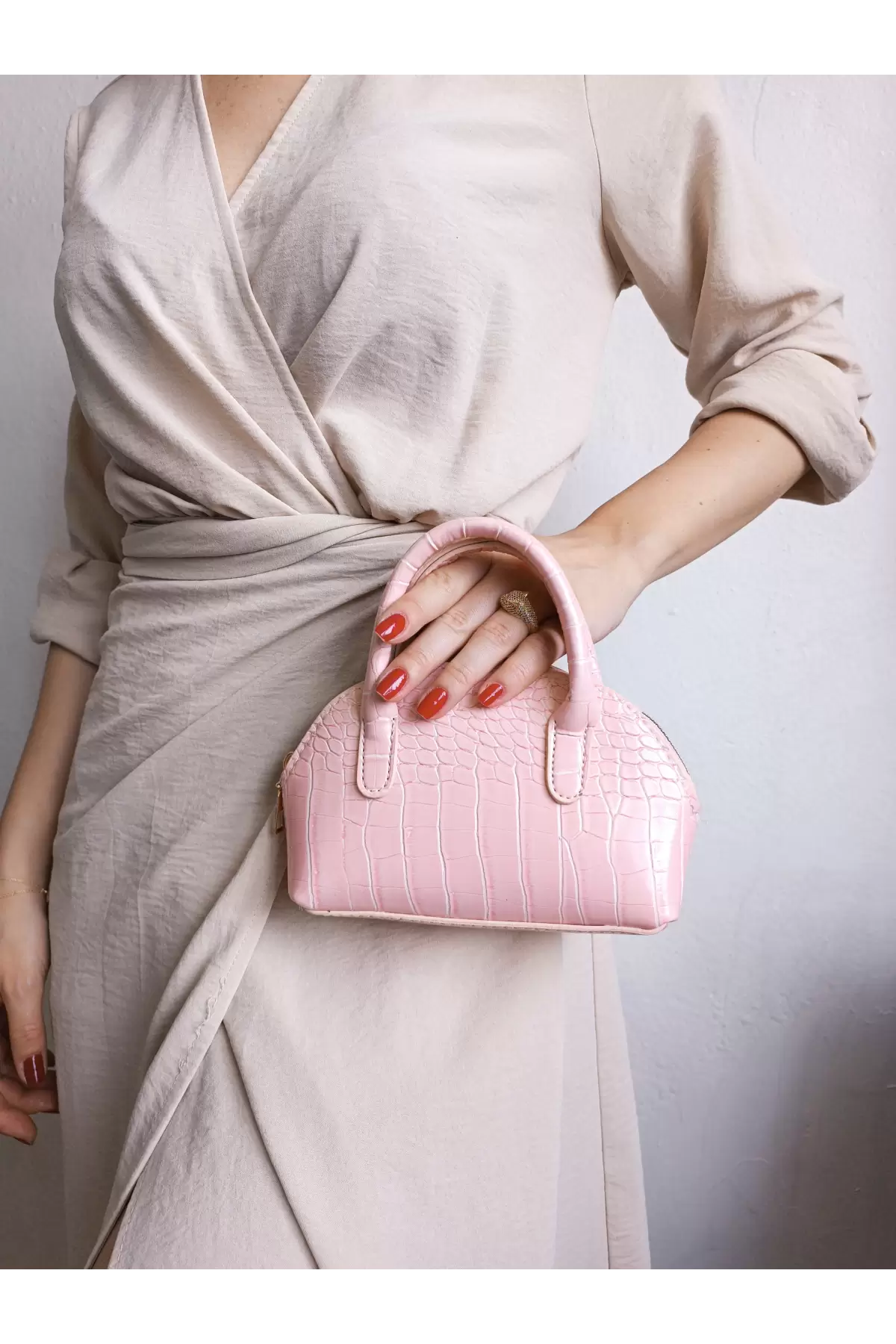 Safir Pembe Kroko Mini Kadın El Ve Omuz Çantası