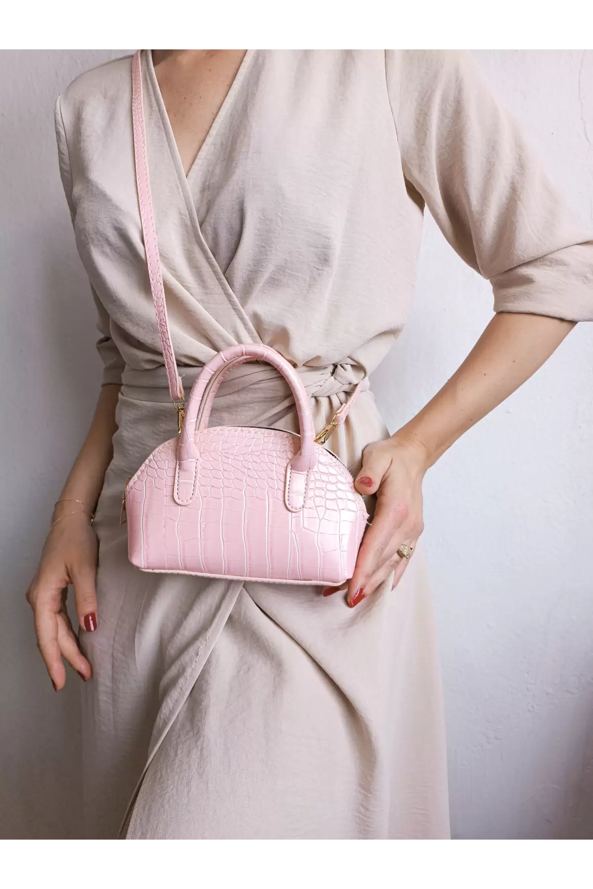 Safir Pembe Kroko Mini Kadın El Ve Omuz Çantası