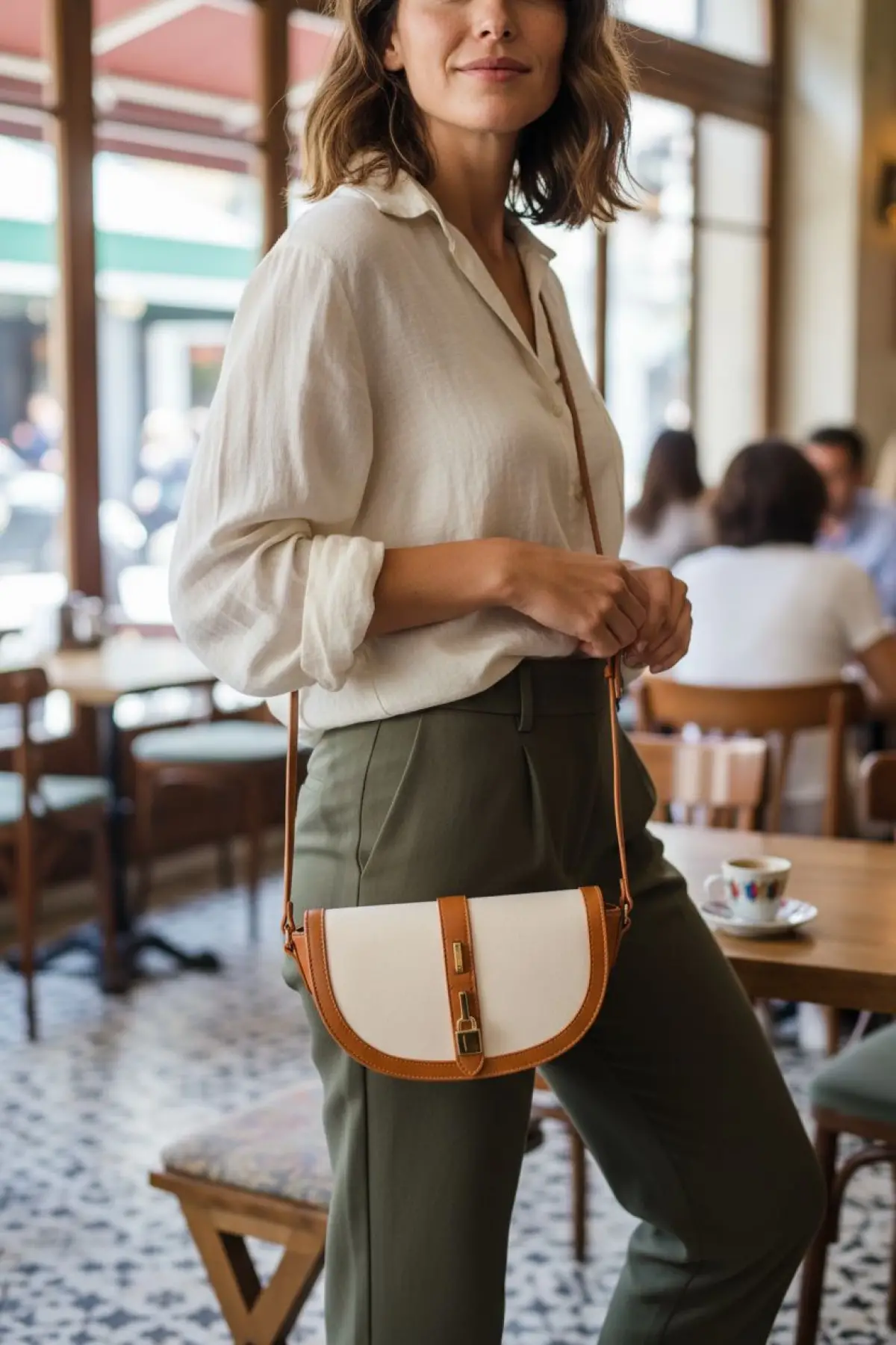 Stella Taba-krem Kilit Aksesuarlı Keten Suni Deri Detaylı Çapraz Askılı Trend Kadın Omuz Çantası