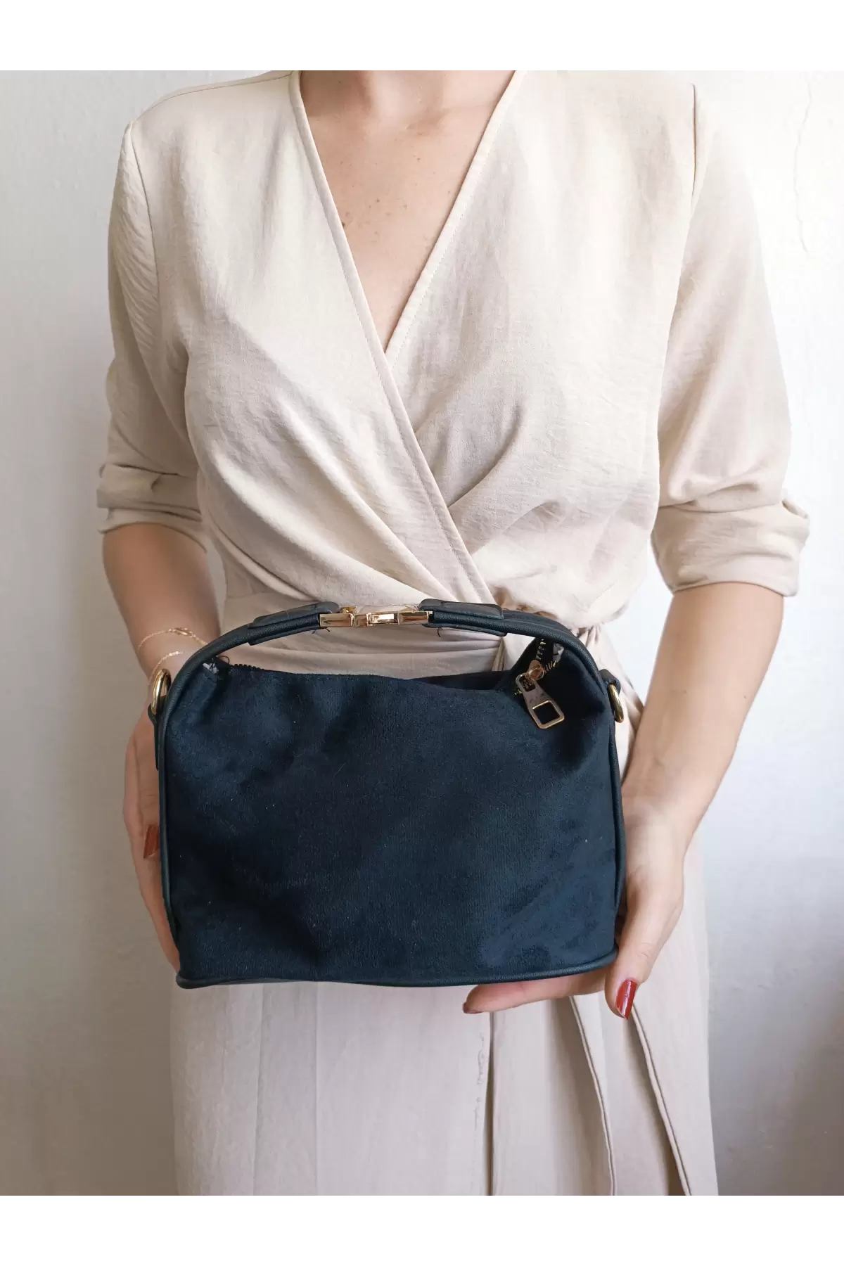 Toile Black Nubuck Suede Lock Handle Womens Handbag and Shoulder Bag