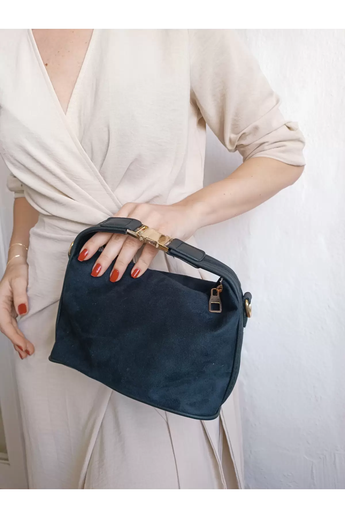 Toile Black Nubuck Suede Lock Handle Womens Handbag and Shoulder Bag