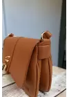 Sahra Asymmetrical Brown Skin Womens Shoulder Bag with Front Lock Accessories