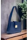 Lena Navy Blue Metal Buckle Baguette Womens Hand and Shoulder Bag