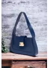 Lena Navy Blue Metal Buckle Baguette Womens Hand and Shoulder Bag