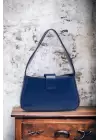 Lena Navy Blue Metal Buckle Baguette Womens Hand and Shoulder Bag