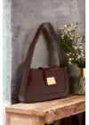 Lena Bitter Brown Baguette Womens Hand and Shoulder Bag with Metal Buckle