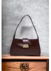 Lena Bitter Brown Baguette Womens Hand and Shoulder Bag with Metal Buckle