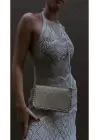 Dally Wicker Pattern Beige Skin Beaded Chain Strap Womens Wallet Bag