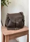 Kiwin Buckle Detailed Adjustable Strap Postman Bitter Brown Skin Womens Shoulder Bag