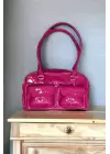 Sofia Fuchsia Patent Leather Womens Shoulder Bag with Zipper Closure and Front Pocket