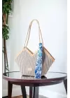 Joyce Blue Striped Scarf Detailed Asymmetrical Womens Shoulder Bag