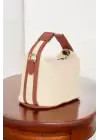 Toile Brown Detailed Canvas Double Strap Womens Handbag and Shoulder Bag
