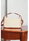 Toile Brown Detailed Canvas Double Strap Womens Handbag and Shoulder Bag