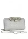 Tresa Gümüş Çiçek Motifli Zincir Askılı Dokulu Clutch Abiye Portföy Çanta