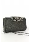 Tresa Antrasit Çiçek Motifli Zincir Simli Clutch Abiye Portföy Çanta